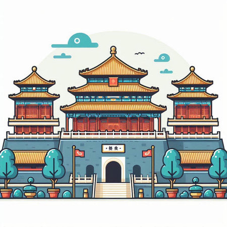 Vector illustration of a Chinese temple in the style of a flat designのイラスト素材