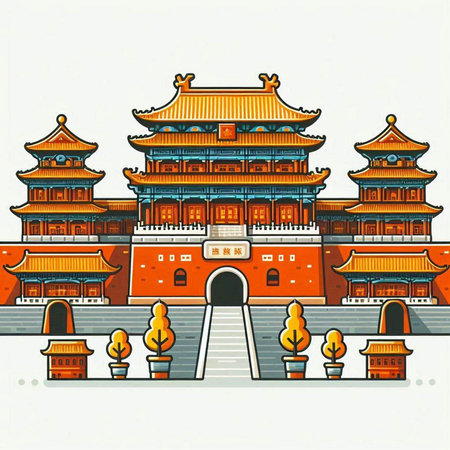 Vector illustration of the ancient Chinese building in the Chinese style on white backgroundのイラスト素材