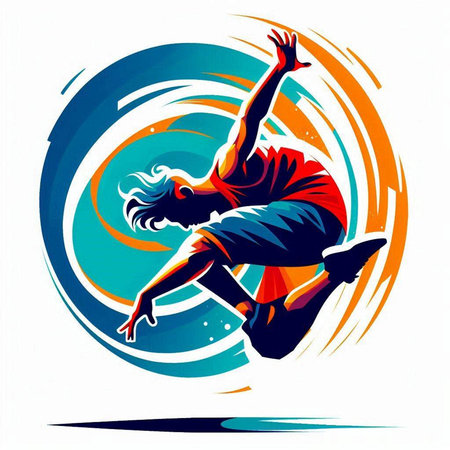 illustration of a girl dancing on a grunge circle background.のイラスト素材