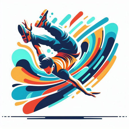 Vector illustration of a breakdancer on a colorful abstract background.のイラスト素材