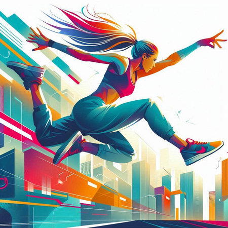 Modern style dancer jumping in the city. Colorful vector illustration.のイラスト素材