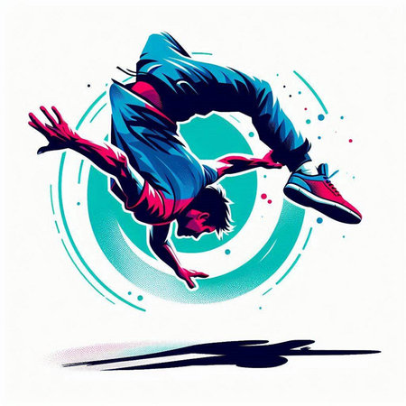 Modern hip hop dancer jumping and dancing in the air. Vector illustration.のイラスト素材