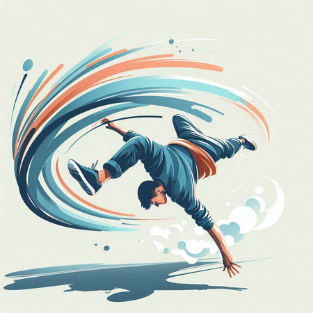 Vector illustration of a breakdancer jumping in the air on abstract backgroundのイラスト素材