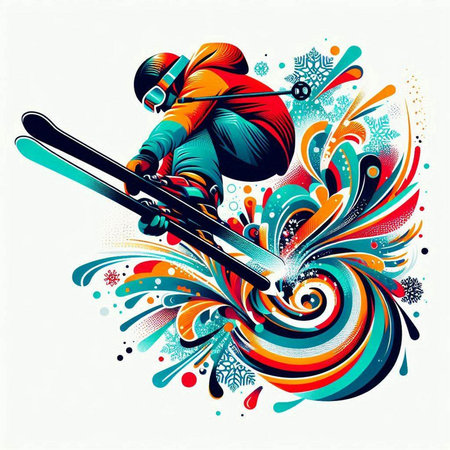 Skier jumping on abstract colorful background. Vector illustration for your designのイラスト素材