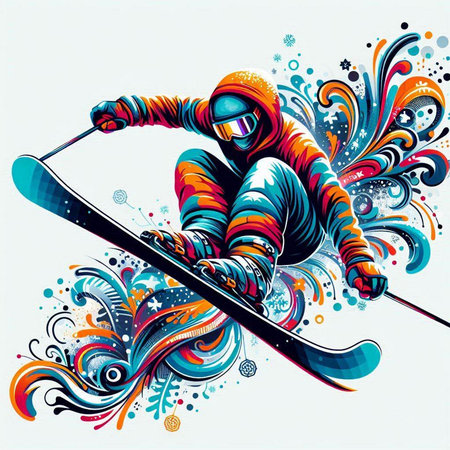 Vector illustration of a skier in action on abstract colorful background.のイラスト素材