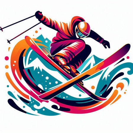 Vector illustration of a skier jumping in the air with a snowboard.のイラスト素材