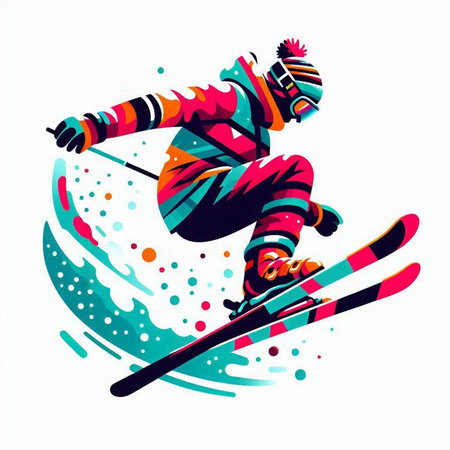 Skiing in the mountains. Colorful vector illustration for your designのイラスト素材