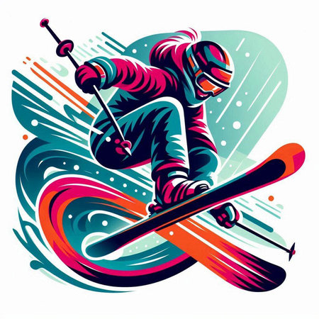 Vector illustration of snowboarder with skis on colorful background.のイラスト素材
