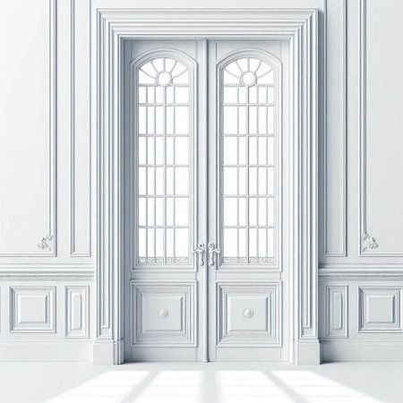 Classic white interior with wooden doors. 3d render illustration mock upのイラスト素材