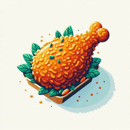 Illustration of a fried chicken on a plate with green leaves.のイラスト素材