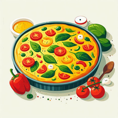 Illustration of a pizza in a frying pan with vegetables and spicesのイラスト素材