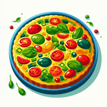 Pizza with tomatoes, mozzarella and basil. Vector illustrationのイラスト素材