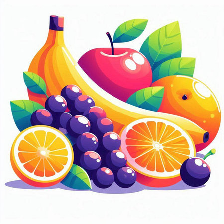 Fruits and berries. Vector illustration in flat style isolated on white background.のイラスト素材