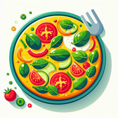 Illustration of pizza with tomato, cucumber, pepper and basilのイラスト素材