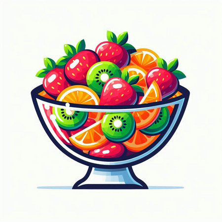 Fruit salad in a glass bowl. Vector illustration in cartoon style.のイラスト素材