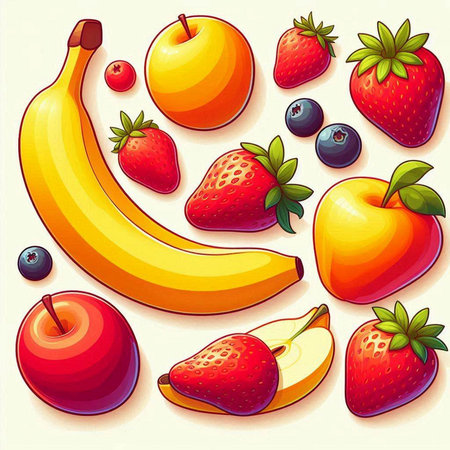 Strawberry, apple, banana, strawberry, blueberry. Vector illustration.のイラスト素材