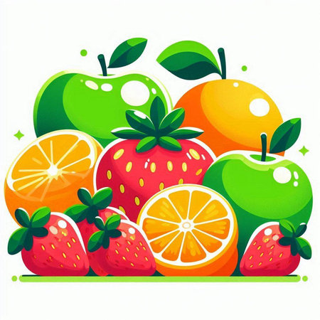 Fruit background with strawberries, apples and oranges. Vector illustration.のイラスト素材