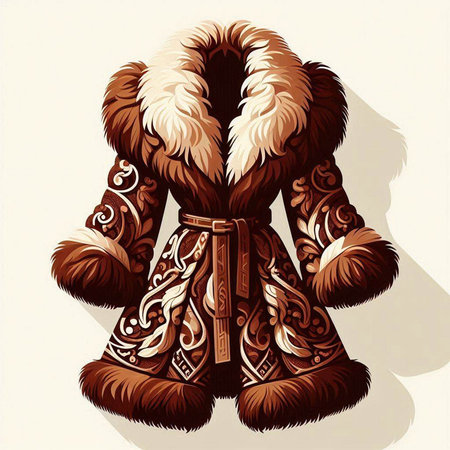 Illustration of a fur coat with ethnic ornaments on a white backgroundのイラスト素材