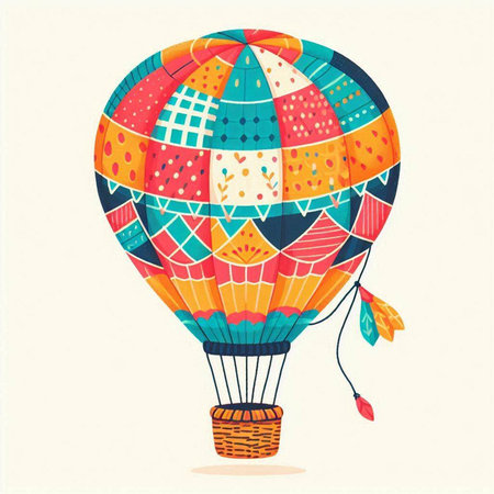 Colorful hot air balloon with colorful pattern. Vintage vector illustration.のイラスト素材