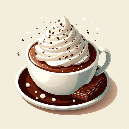 Illustration of a cup of hot chocolate with whipped cream and chocolateのイラスト素材