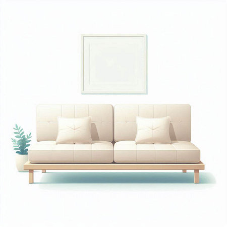 Illustration of a white sofa with pillows and a picture frameのイラスト素材