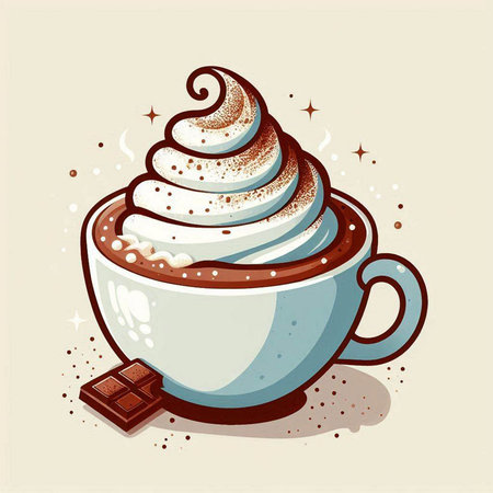 Cup of coffee with whipped cream and chocolate, vector illustration.のイラスト素材