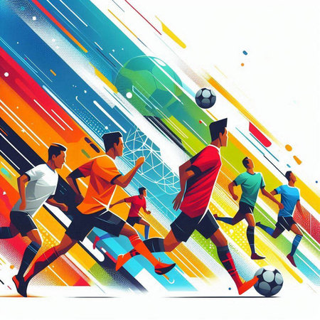Soccer players in action on colorful abstract background. Vector illustration.のイラスト素材
