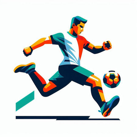 Soccer player running with ball, vector illustration isolated on white background.のイラスト素材
