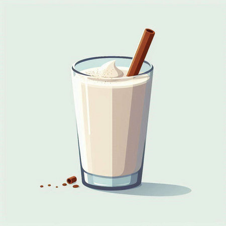 Milk shake in a glass with a cinnamon stick. Vector illustration.のイラスト素材