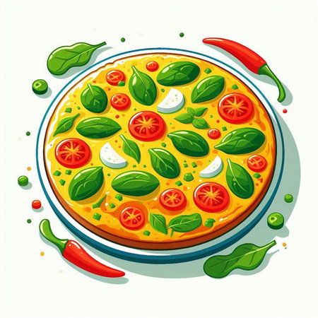 Illustration of pizza with tomato, onion, green peas and basilのイラスト素材
