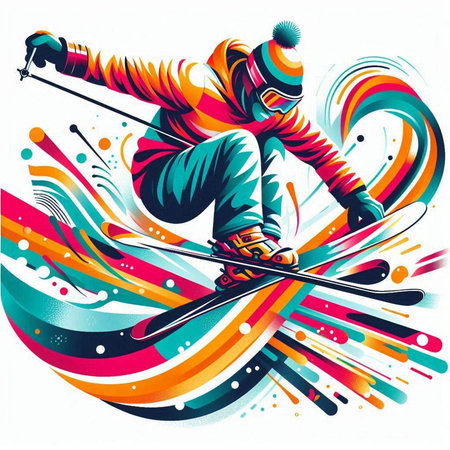 Vector illustration of a skier jumping with a colorful abstract background.のイラスト素材