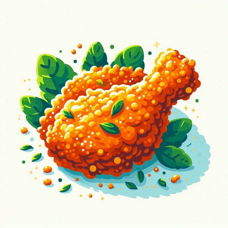 Illustration of fried chicken drumstick with green leaves on white backgroundのイラスト素材