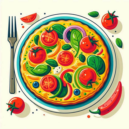 Pizza with tomatoes, basil and olives. Vector illustration.のイラスト素材