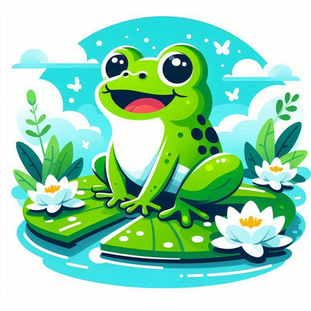 Cute cartoon frog sitting on the grass and smiling. Vector illustration.のイラスト素材