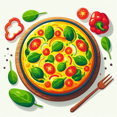 Illustration of a pizza with spinach, tomato, onion and cheeseのイラスト素材