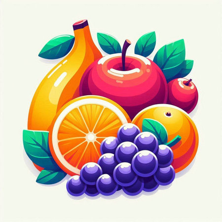 Fruits vector illustration. Orange, apple, grape, lemon, grape.のイラスト素材