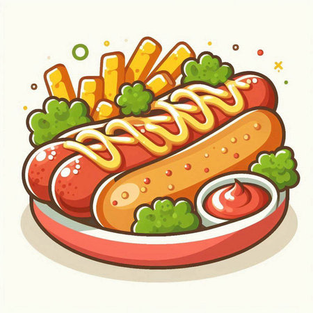 Hot dog with ketchup and mayonnaise. Vector illustration.のイラスト素材