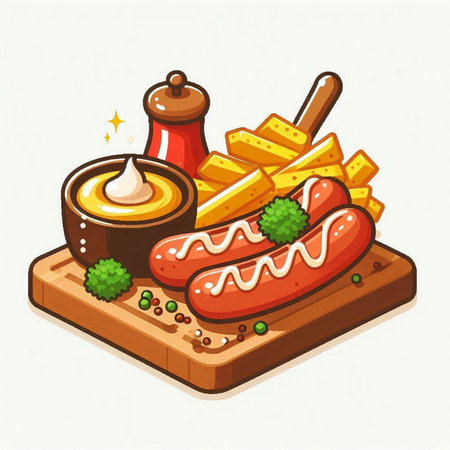 Illustration of a hot dog and french fries on a wooden boardのイラスト素材