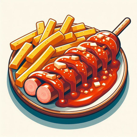 Illustration of a hot dog with french fries on a plate.のイラスト素材