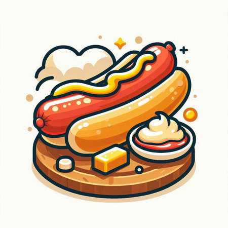 Hot dog with mustard, ketchup and mayonnaise. Vector illustration.のイラスト素材