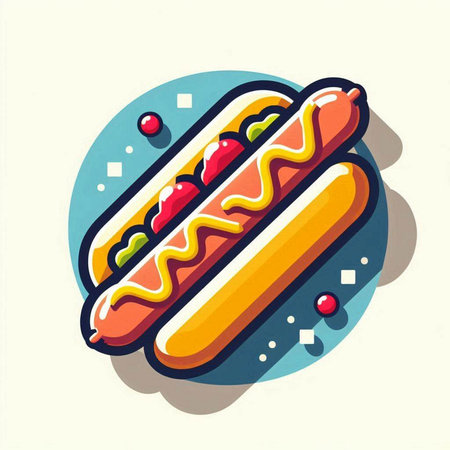 Hot dog icon. Vector illustration of a hot dog with mustard and ketchupのイラスト素材