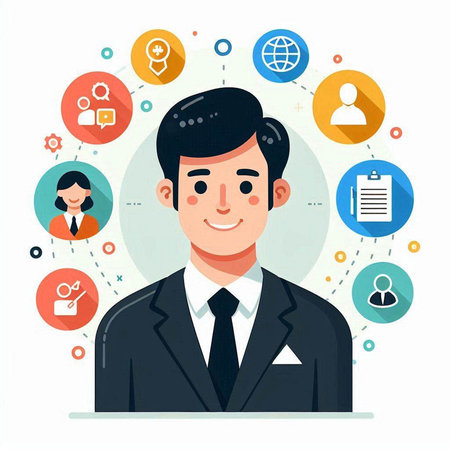 Businessman with social media icons. Vector illustration in flat style.のイラスト素材