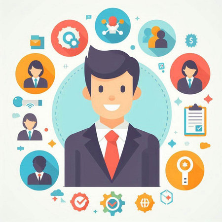 Businessman with social media icons. Vector illustration in flat style.のイラスト素材