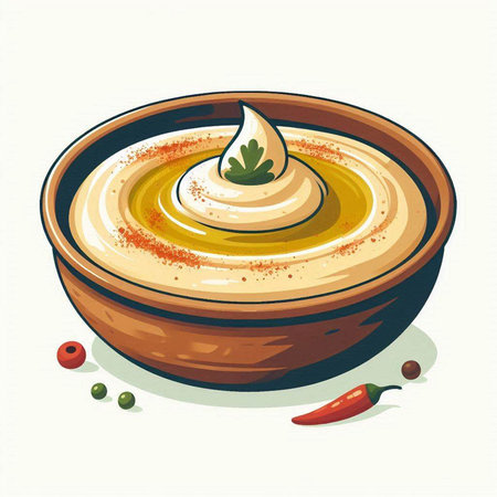 Bowl of hummus with herbs and spices, vector illustration.のイラスト素材