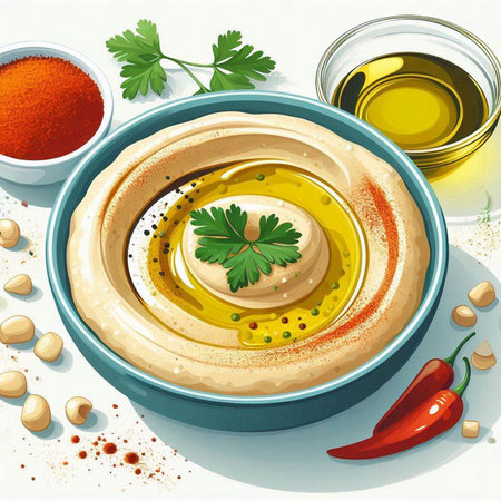 Hummus in bowl with olive oil and spices on white backgroundのイラスト素材