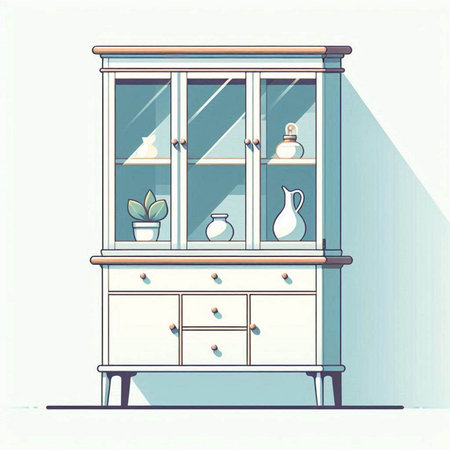 Illustration of a wooden cupboard with a glass vase on a white backgroundのイラスト素材