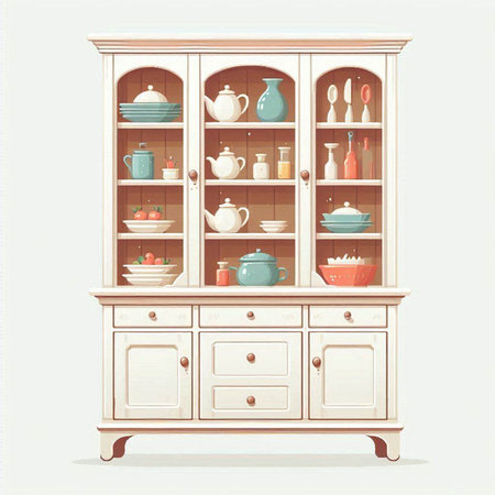 Cabinet with dishes and utensils. Vector illustration.のイラスト素材