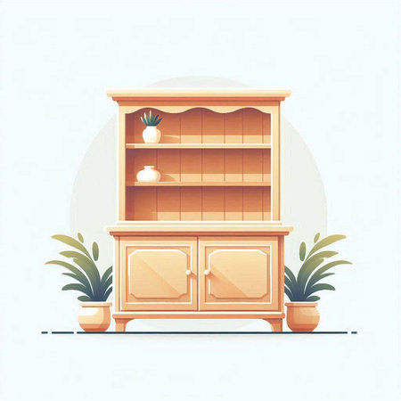 Wooden bookshelf with books and vases. Vector illustrationのイラスト素材