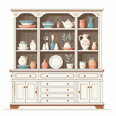 Vintage cupboard with dishes and vases. Vector illustration.のイラスト素材