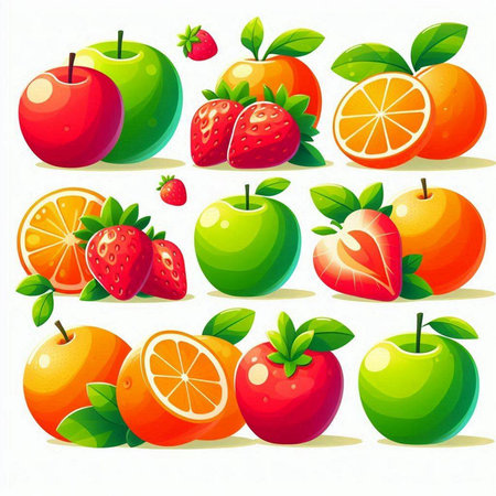 Fruit vector set with apple, orange, strawberry, lemon, grapefruitのイラスト素材
